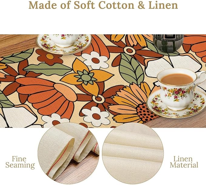 Vintage Floral Table Runner, Boho 70s Style Retro Flower Table Cloth Kitchen - Image 5