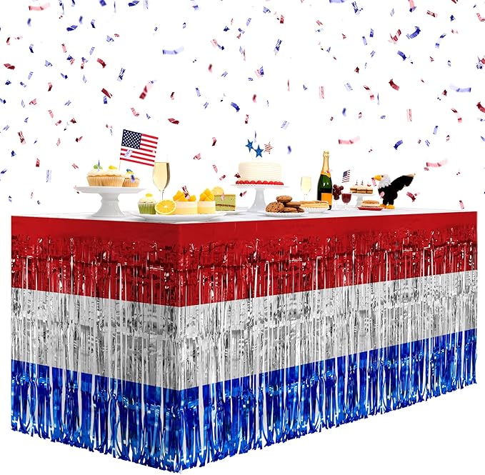 2 Pack Red&White&Blue Table Skirts, 29x108" Metallic Foil Tinsel Fringe Table by Unknown