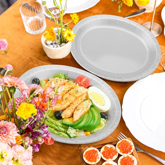 QZYL 50 Count Large Silver Oval Paper Plates, 12.2'' X 10.2'' - Image 5