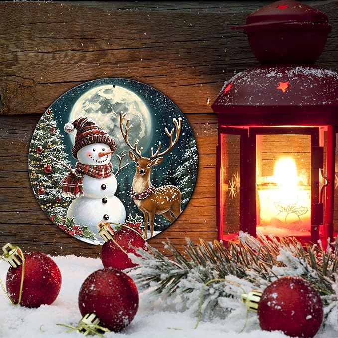 Christmas Snowman Decor Round Metal Tin Sign Christmas Deer Vintage Tin Sign - Image 5