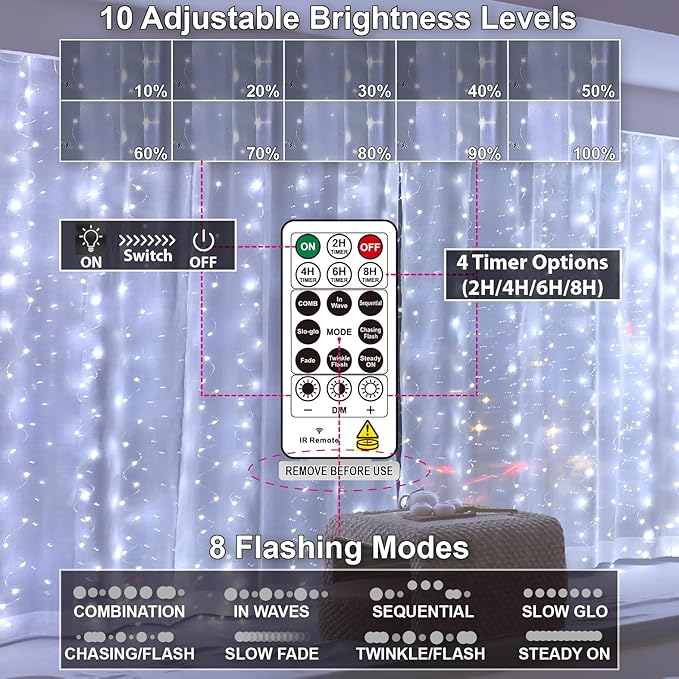 HXWEIYE 300LED Fairy Curtain Lights, 9.8x9.8Ft USB Plug-in 8 Modes Christmas - Image 4