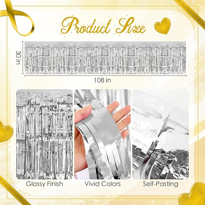 2 Pack Silver Table Skirts, 29x108" Metallic Foil Tinsel Fringe Table Skirts - Image 3
