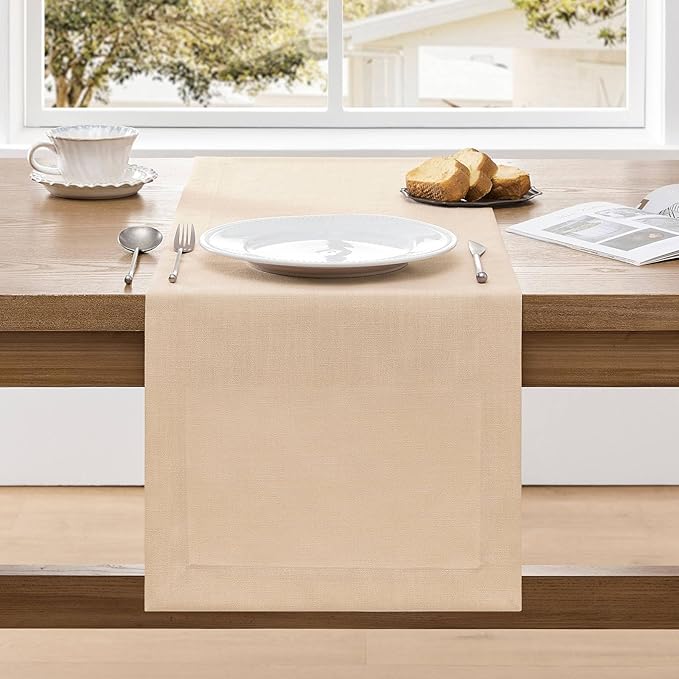 ZeeMart Linen Textured Border Table Runner, 14 x 36 Inch Oatmeal, Farmhouse by ZEEMARTONLINE