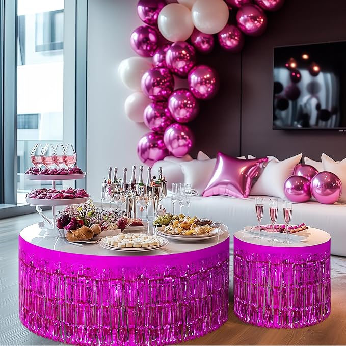 2 Pack Rose Red Table Skirts, 29x108" Metallic Foil Tinsel Fringe Table Skirts - Image 9