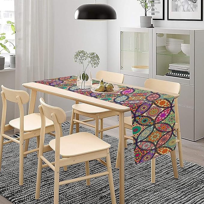 Boho Floral Table Runner, Colorful Flower Retro Bohemian Table Cloth Kitchen - Image 3
