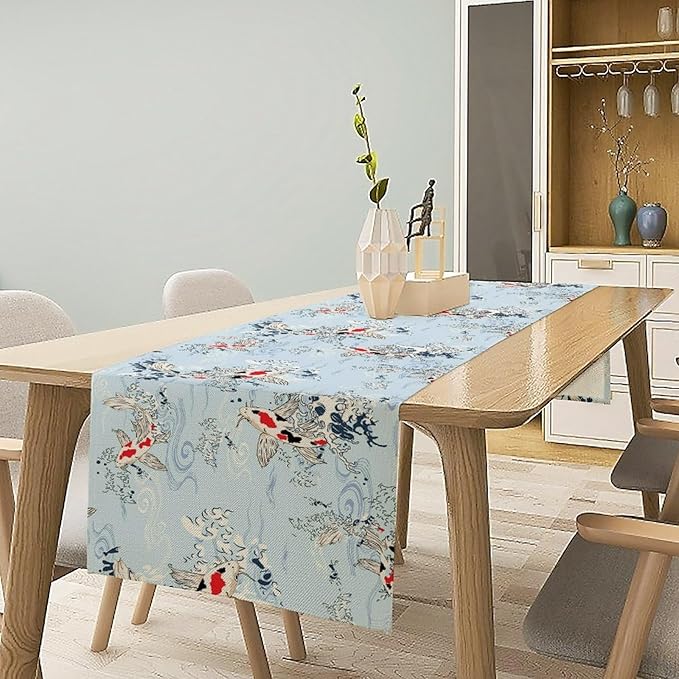Kio Fish Table Runner Waves Retro Japanese Tradition Art Printed Burlap Runner - Image 5
