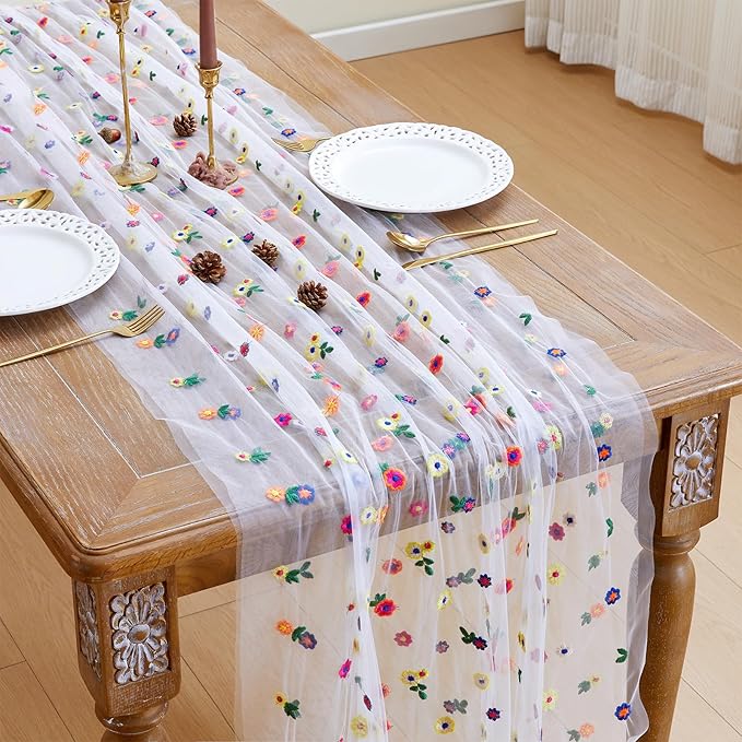 JIALE 3 Pack Ivory Floral Table Runner, Embroidery Daisy Seasonal Table by JIALE