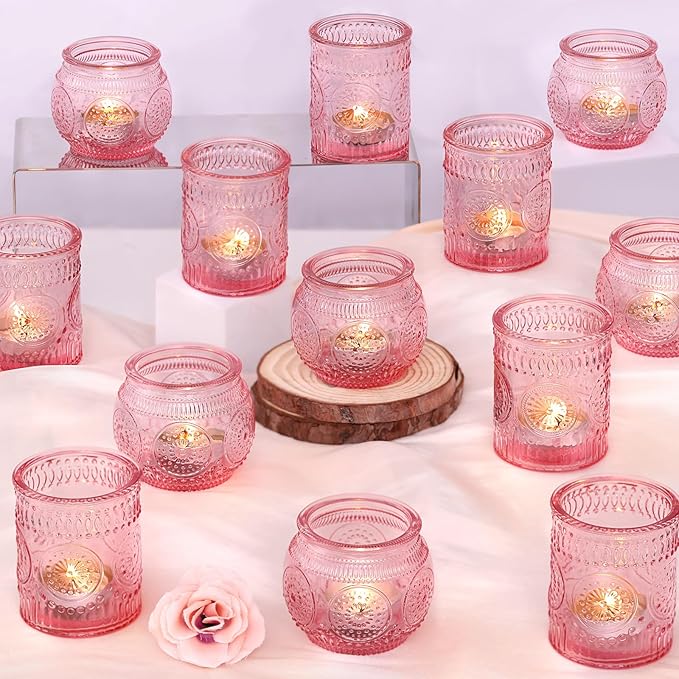 DARJEN 24Pcs Pink Votive Candle Holders- Glass Candle Holders Bulk by DARJEN