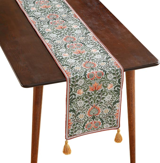 ISAENNE Designer French Green Elegant Linen Table Runner 102 Inches Long by Isaennehomedecoration