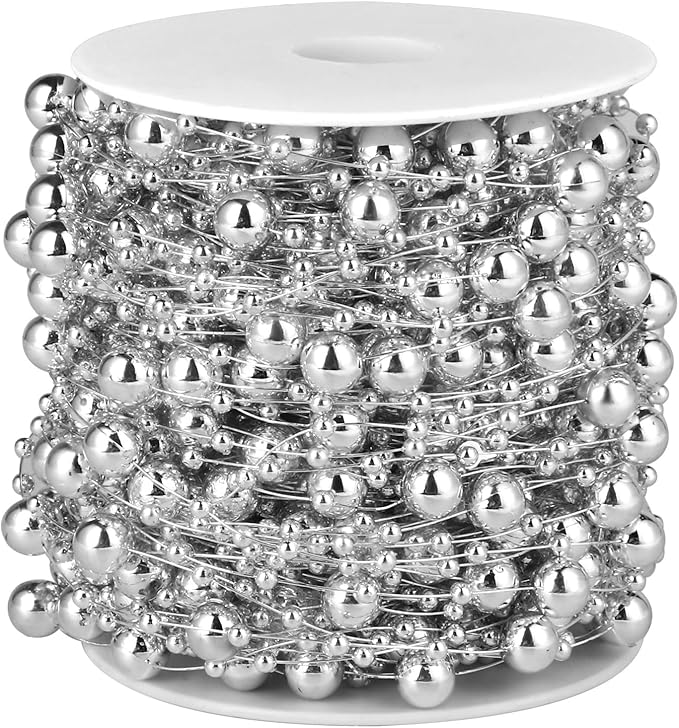 98FT Pearl Beads String Garland, 8mm 3mm Silver Faux Pearl Beads Roll Strand by Cadikez