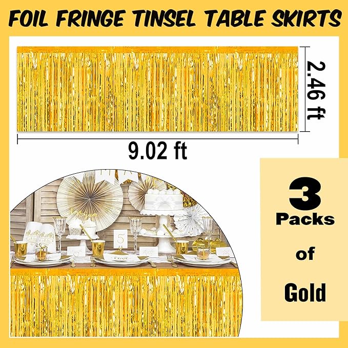3 Pack 29 x108 Inch Gold Foil Fringe Table Skirts Metallic Banner - Image 3