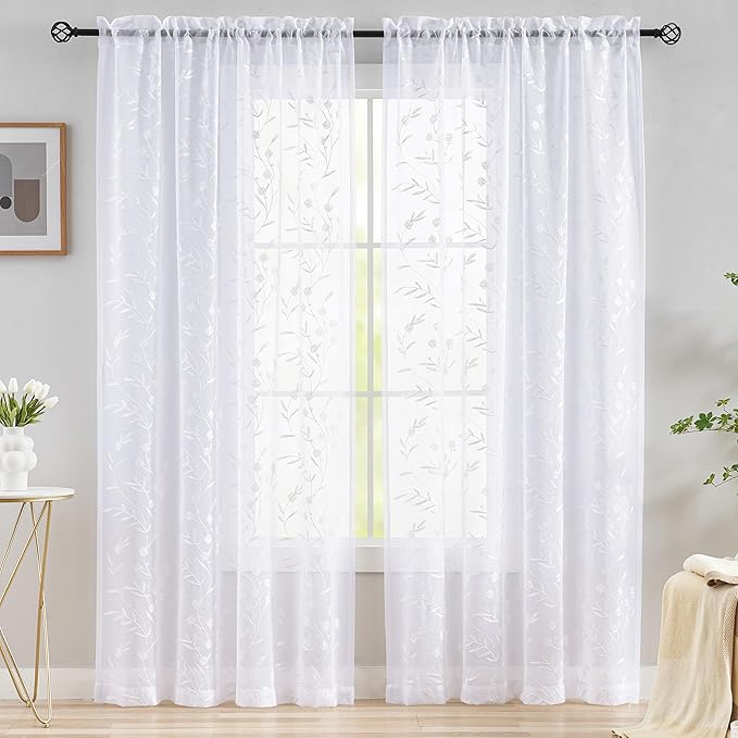Embroidery Sheer Curtains White 95 Inches, Floral Pattern Window Treatments Rod - Image 3