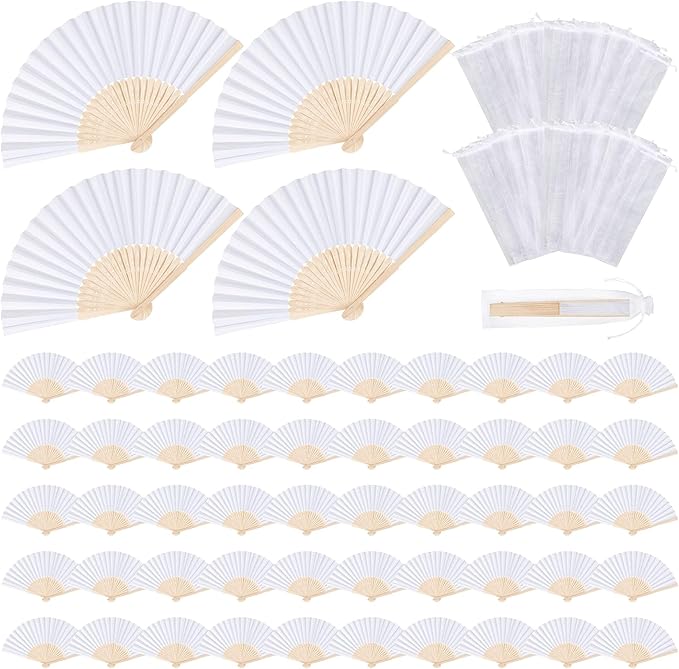 MCEAST 60 Pieces Wedding Handheld Paper Fans White Bamboo Folding Paper Fans by MCEAST