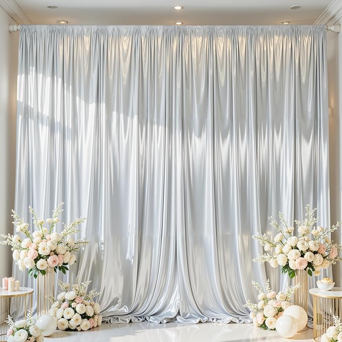 Silver Satin Backdrop Curtains 2 Panels by WishCare
