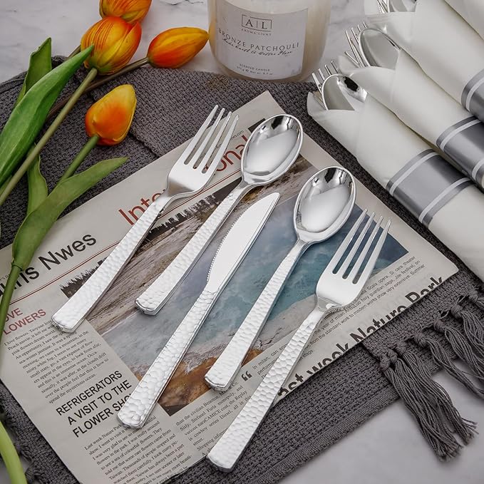 Supernal 60 Pack Pre-Rolled Silver Plastic Cutlery Heavy Duty Wrapped - Image 4