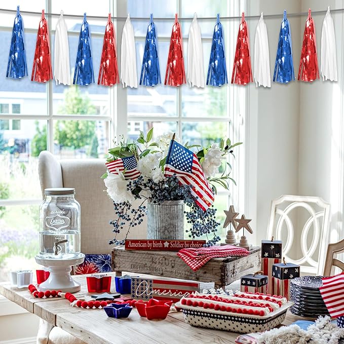6P Red Blue White Foil Fringe Metallic Tassel Streamers Banner Tassel Garland - Image 5