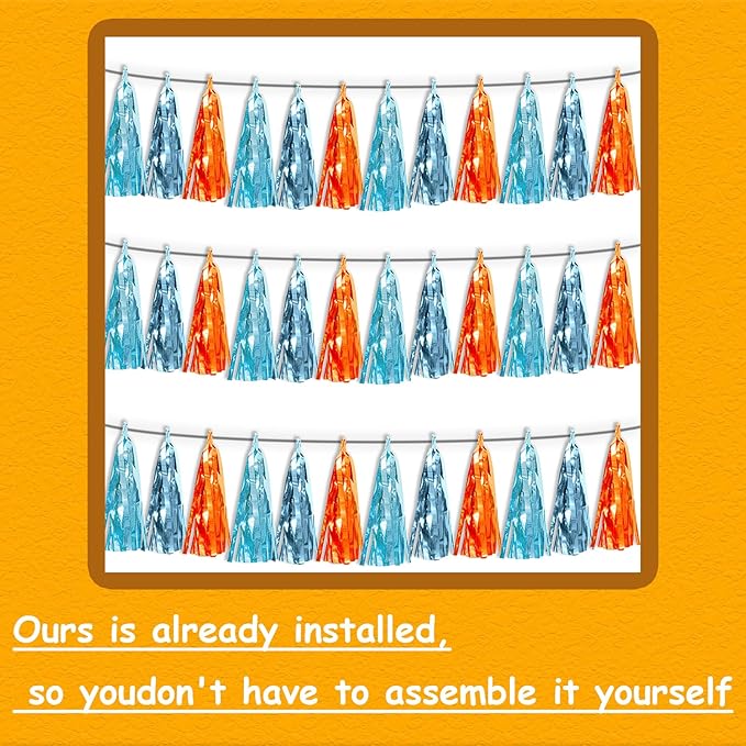 3P Lake Blue Light Blue-Orange Metallic Fringe Tassel Banner Garland Foil - Image 3
