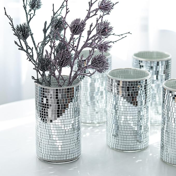 WDHODEC 6 Pcs Disco Vases Bulk Silver Mirror Disco Ball Flower Vase Glass - Image 8