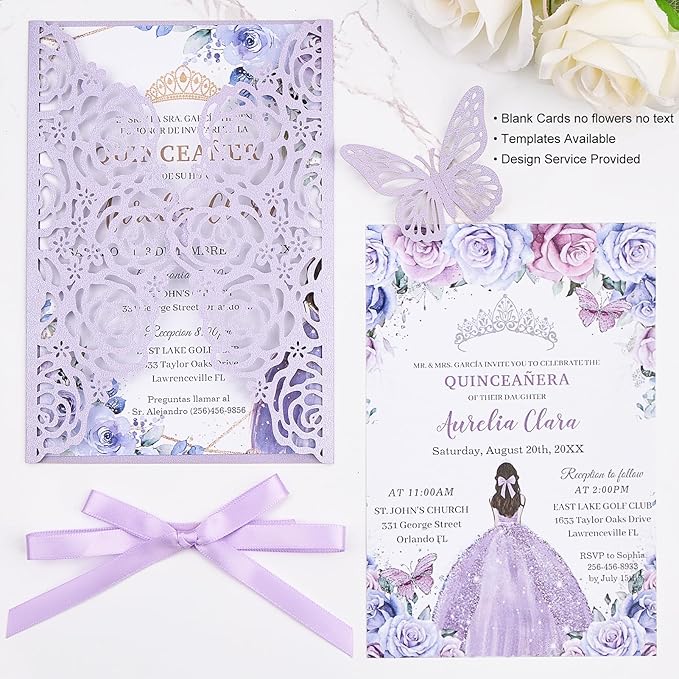 Purple Butterfly Laser Cut Wedding Invitations 50 Set, Hollow Out Rose Shaped - Image 3