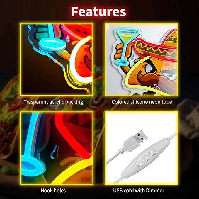 Tacos Neon Sign for Wall Decor, Dimmable Led Tacos Neon Light for Mexican - Image 3