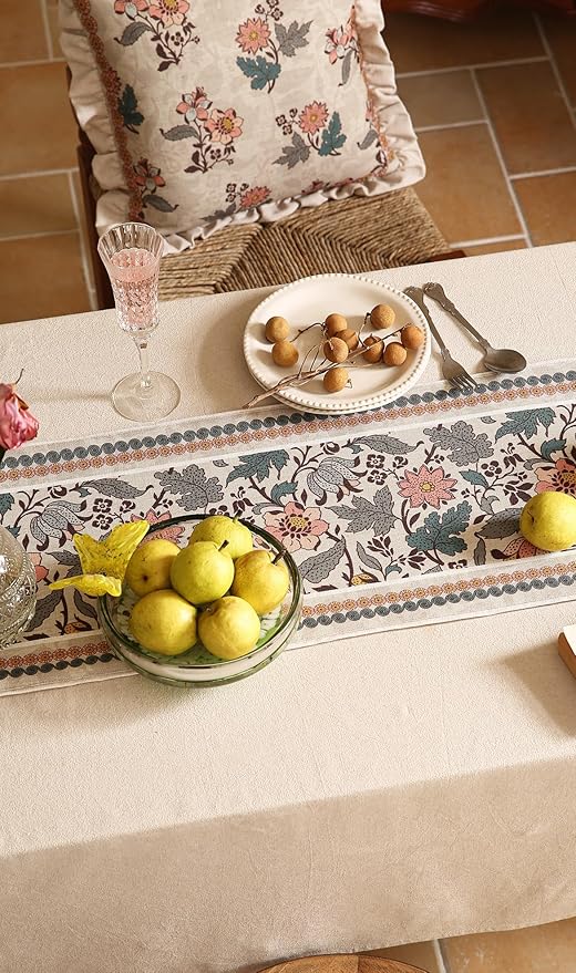 ISAENNE Designer Bohemian Linen Table Runner 87 Inches Long, Elegant Lotus - Image 9