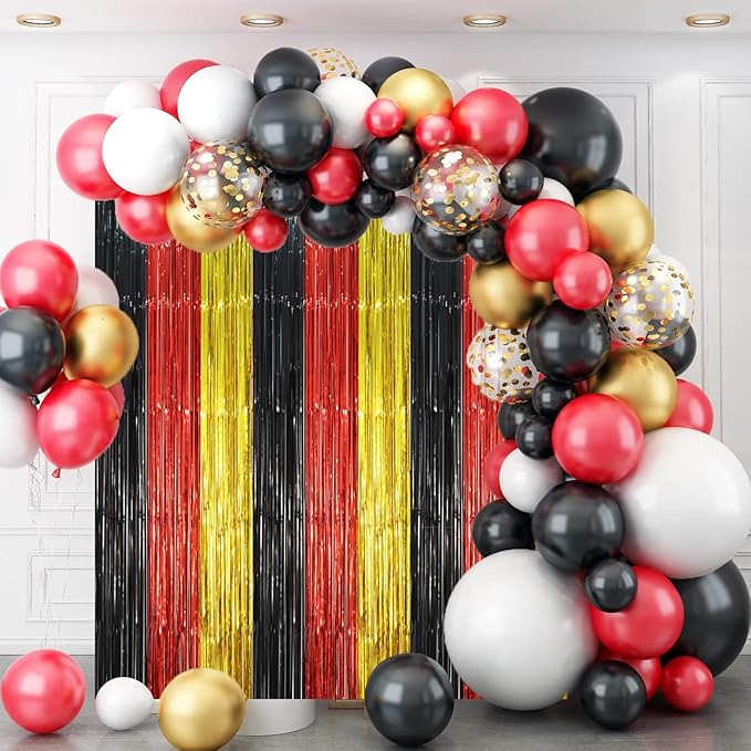 2 Pack Red Black Gold Foil Fringe Backdrop Curtains, Tinsel Streamers Party - Image 7