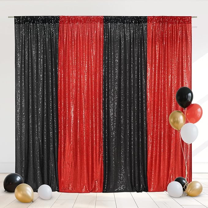 Eternal Beauty Black and Red Backdrop 4 PCS-2x8 Ft Sequin Curtain Panels by EternalBeauty