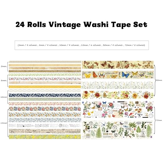 24 Rolls Vintage Washi Tape Set, Floral Letter Butterfly Mushroom Botanical - Image 3