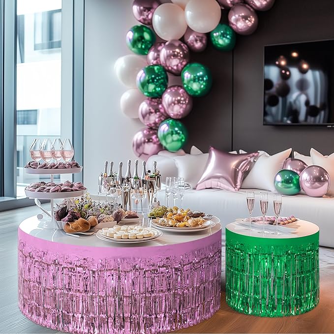 2 Pack Light Pink Green Table Skirts, 29x108" Metallic Foil Tinsel Fringe Table - Image 9
