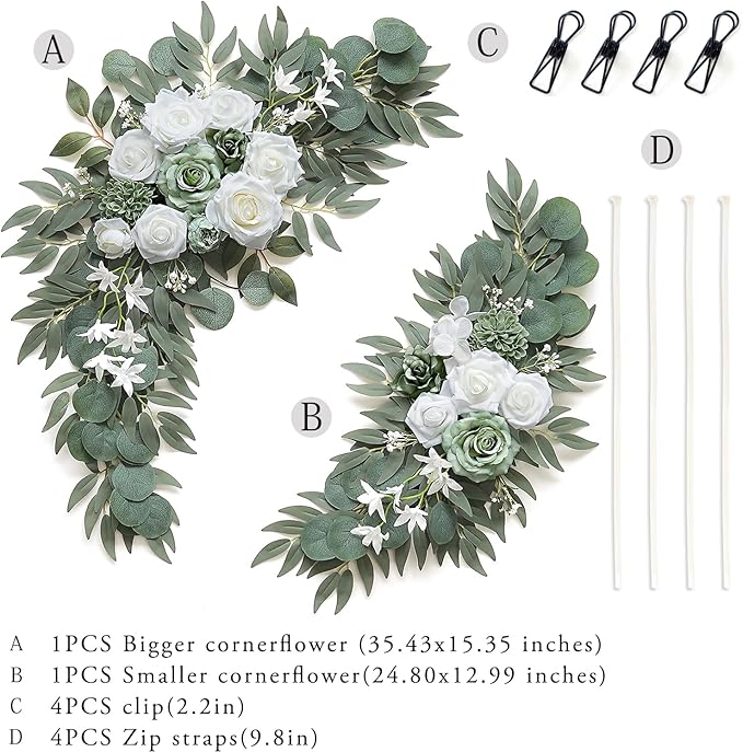 2-Pack Sage Green & White Wedding Flower Swag Set, Large: 35.43"L x 14.56"W - Image 2