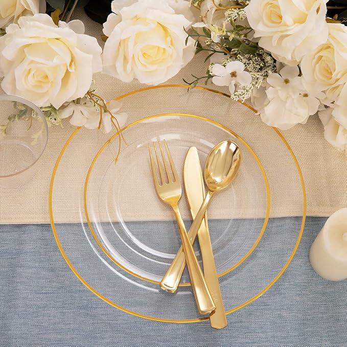 SUT 150 PCS Gold Plastic Plates, Disposable Clear Gold Dinnerware Set - Image 3