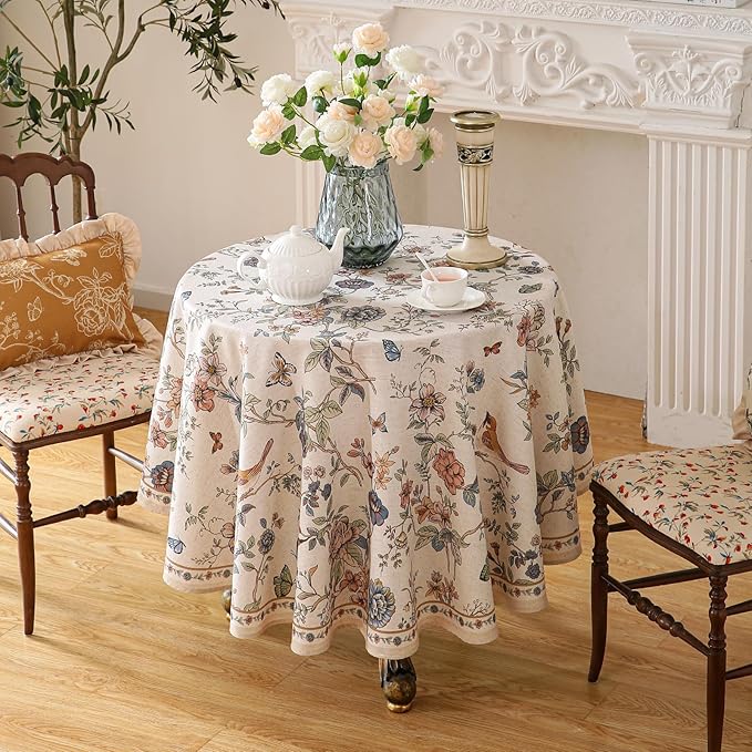 ISAENNE Designer French Light Beige Small Round Tablecloth, Linen Florals and - Image 6
