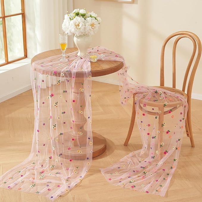 Pink Flower Tulle Table Runner 29x120 Inch Embroidery Florals Soft Sheer Tulle - Image 2