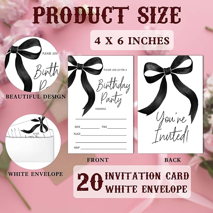 SIXEIGHT Black Bow Birthday Invitations, 20 Party Invitations - Image 2