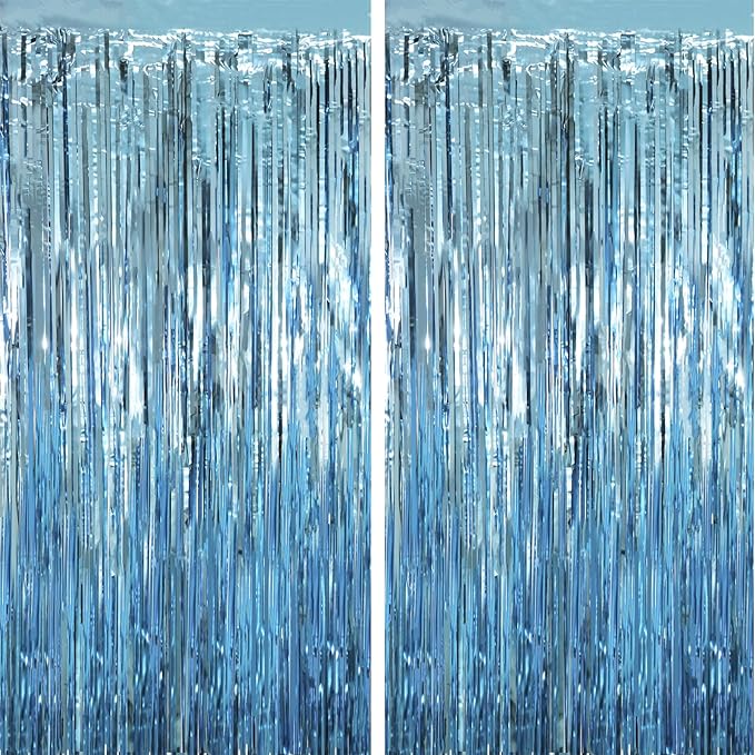 2 Pack Light Blue Tinsel Foil Fringe Curtains, Metallic Tinsel Party Streamers by Voircoloria