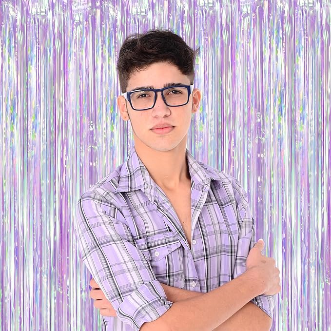2 Pack Iridescent Purple Foil Fringe Curtains, Glittering Tinsel Streamers - Image 6