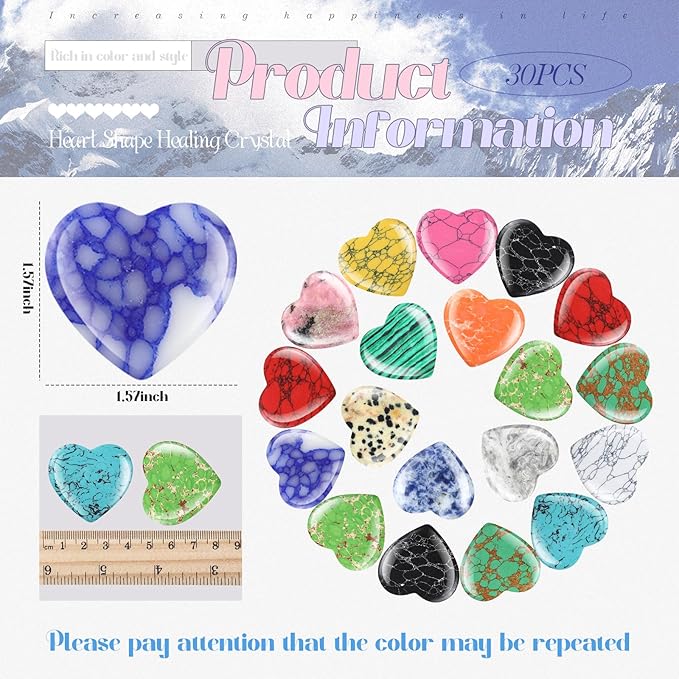 Nuenen 30 Pcs Heart Shape Crystals Bulk 1. 57 Inch Gemstone Heart Stones Worry - Image 2