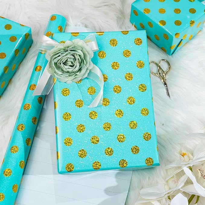 Burymento Blue Holographic Dots Wrapping Paper, Reversible Gold Gift Wrap - Image 2