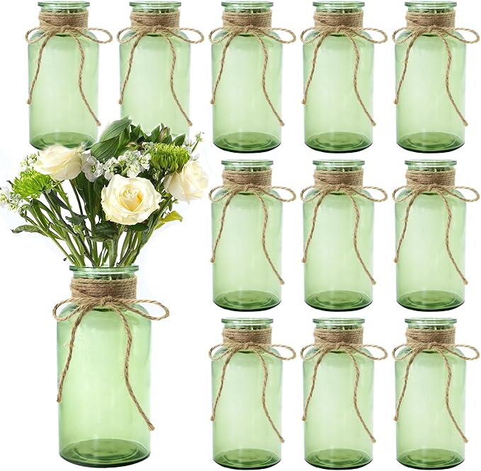 Vintage Glass Flower Vase，12 Pack Green Farmhouse Glass Centerpiece Vases Mason by LEYIQUCHAMPAGNEWINEGLASSES