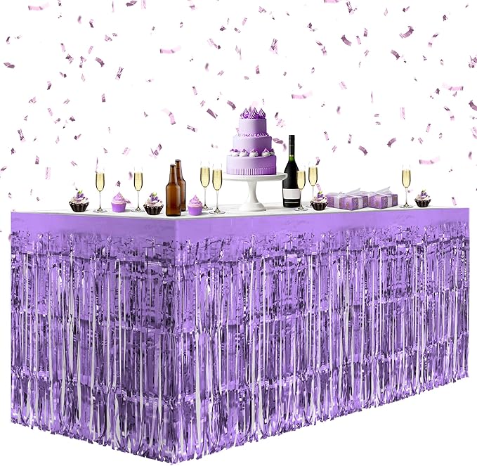 4 Pack Light Purple Table Skirts, 29x108" Metallic Foil Tinsel Fringe Table by Unknown