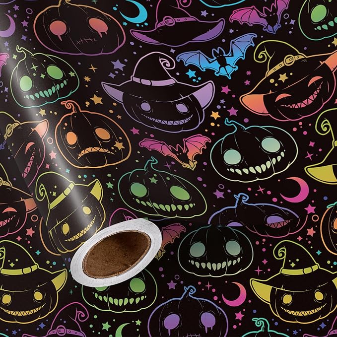 LeZakaa Halloween Pumpkin Wrapping Paper Roll, Neon Pumpkin Witch Hat Bat by LeZakaa