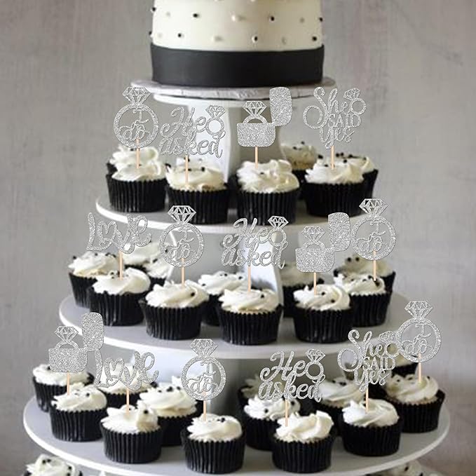 30 PCS He Asked She Said Yes Cupcake Toppers Diamond Ring Cupcake Picks Love I - Image 4