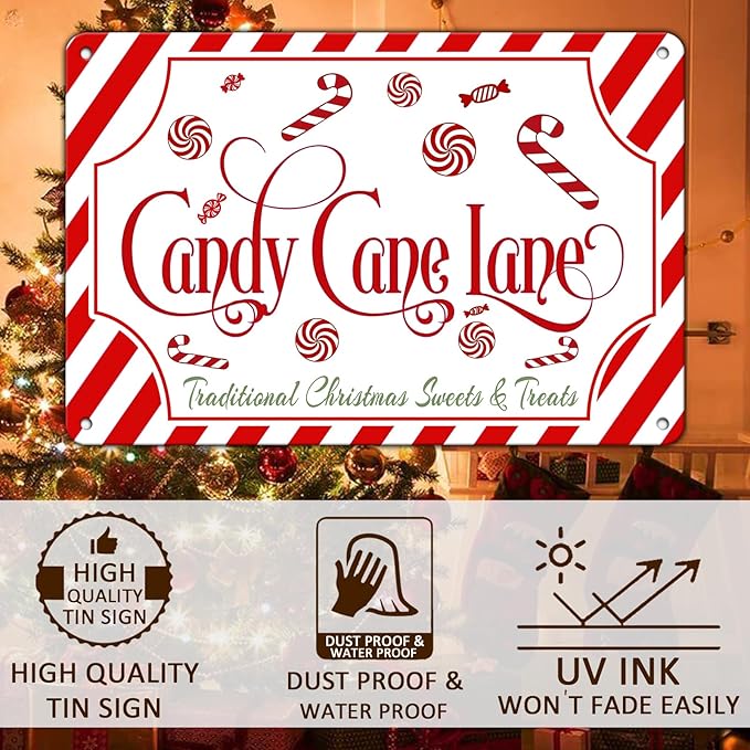 Christmas Candy Cane Lane Metal Tin Sign Traditional Christmas Sweets and - Image 4