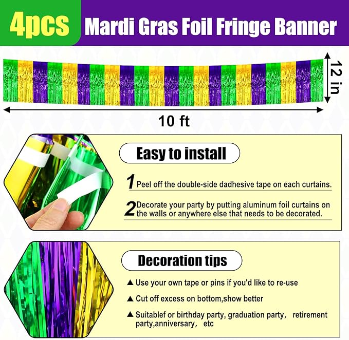 4 Pack 10 Feet Gold Green Purple Foil Fringe Garland Metallic Tinsel Streamers - Image 2