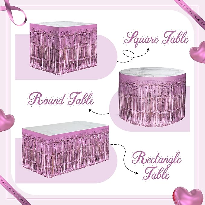 2 Pack Pink Table Skirts, 29x108" Metallic Foil Tinsel Fringe Table Skirts - Image 4