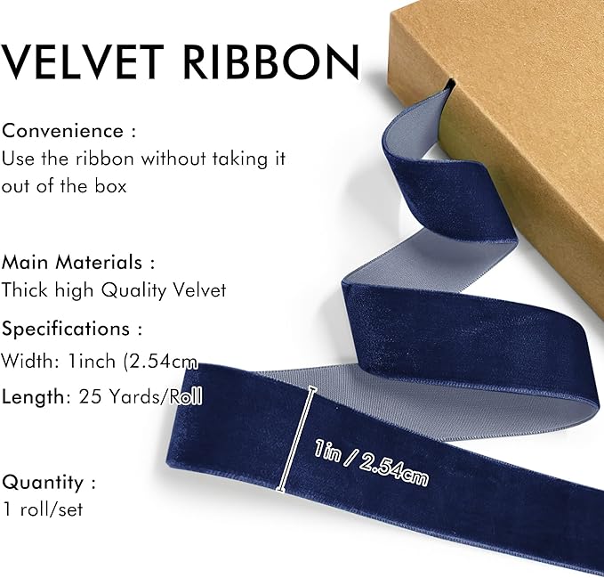 Navy Blue Velvet Ribbon 1'' 25 Yards - Image 2