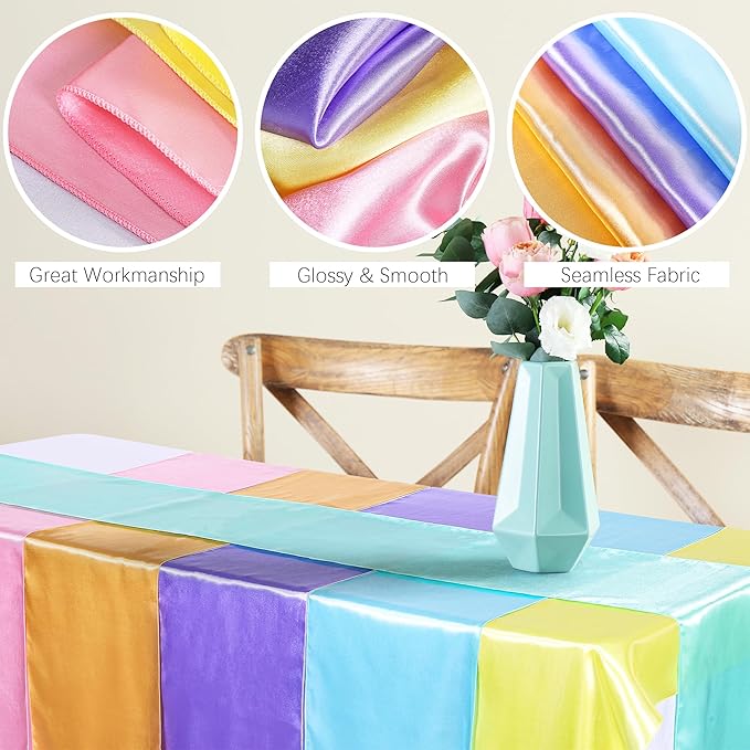 Aneco 12 Pack Satin Table Runner 12 x 108 Inch Pastel Rainbow Long Wedding - Image 3
