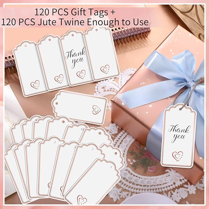120 PCS Gift Tags with String Attached Foil Rose Gold Heart Paper Tags Writable - Image 3