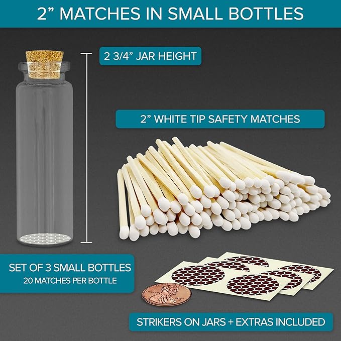 2" Classic White Tip Safety Matches | 3 Glass Bottles Each - Image 2