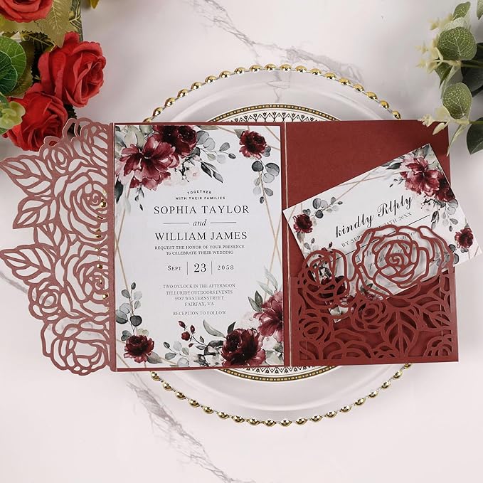 50pcs Tri Fold Wedding invitations Rose Hollow Laser Cut 5x7 '' Wedding by Maffily